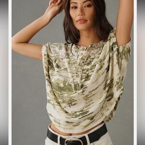 Anthropologie Pilcro Olive and Cream Printed Short-Sleeve Henley